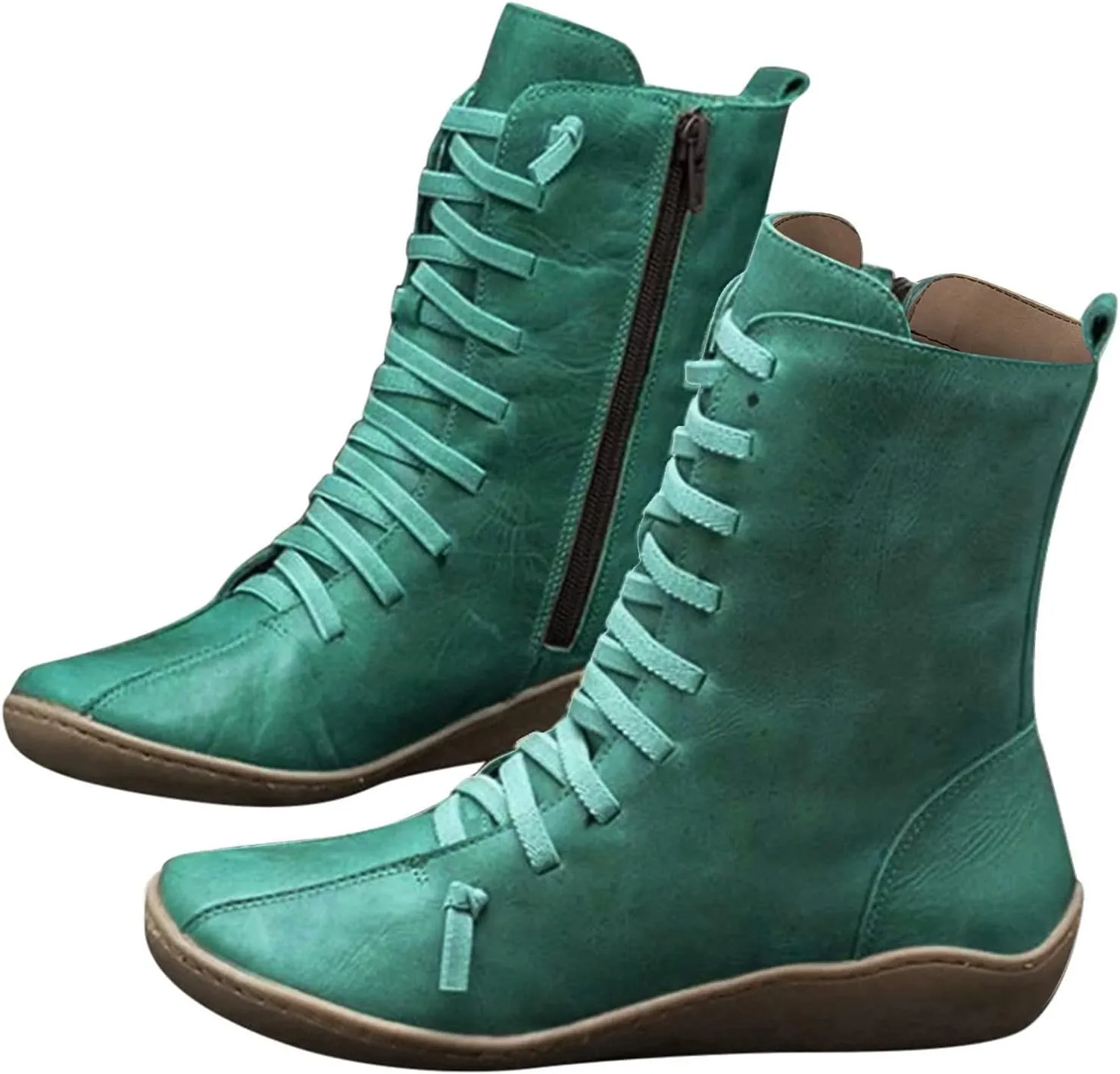 Mid Calf Boots Women Flat Boots for Women Retro Round Toe Lace up Comfortable Lightweight Walking Shoes Women Boots