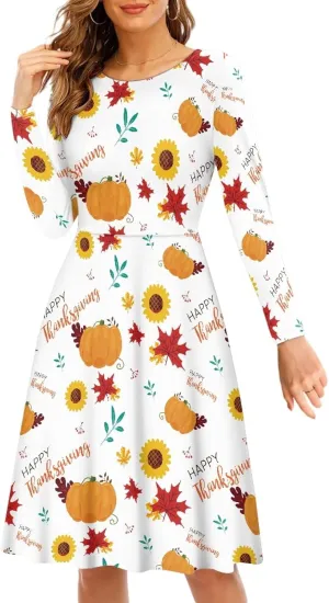 Midi Dresses for Women Fall Long Sleeve Puffy Dress Size S-4XL