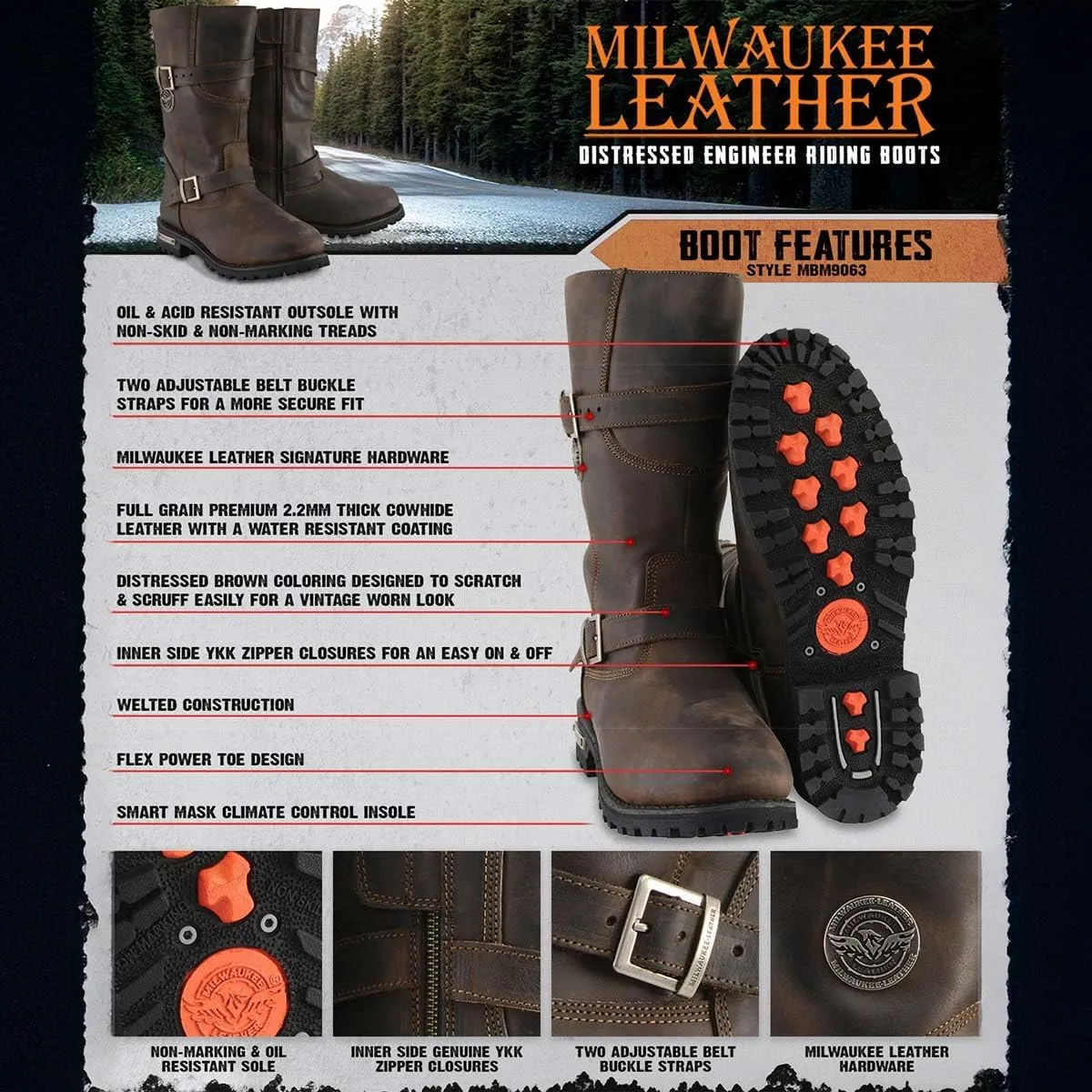 Milwaukee Leather Men’s Premium Leather Classic Engineer Motorcycle Riding Boots Collection - 9