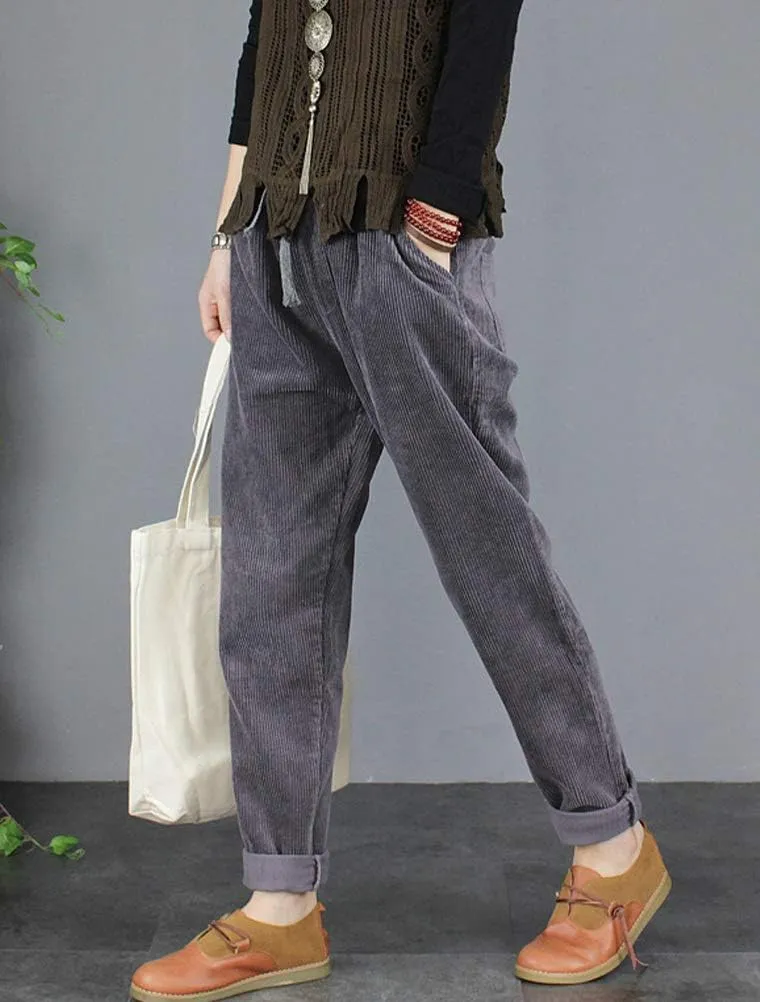 Minibee Women's Casual Corduroy Pants Comfy Pull on Elastic Waist Trousers Drawstring Cotton Pants