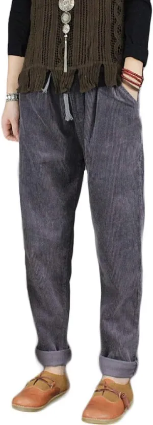 Minibee Women's Casual Corduroy Pants Comfy Pull on Elastic Waist Trousers Drawstring Cotton Pants