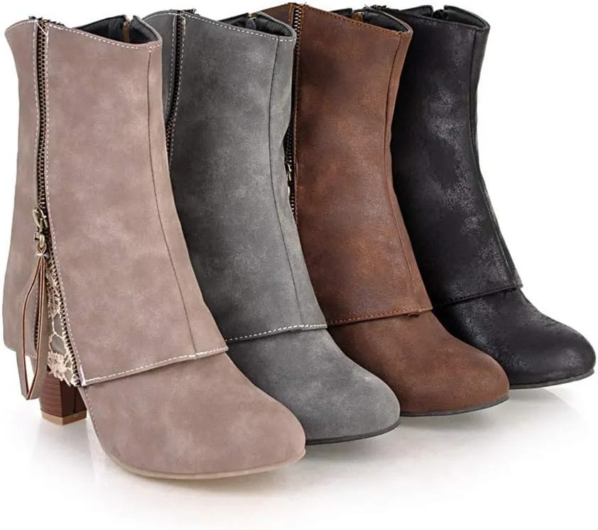 MIOKE Women's Fashion Dressy Ankle Boots Round Toe Side Zipper Chunky Block High Heel Western Short Booties