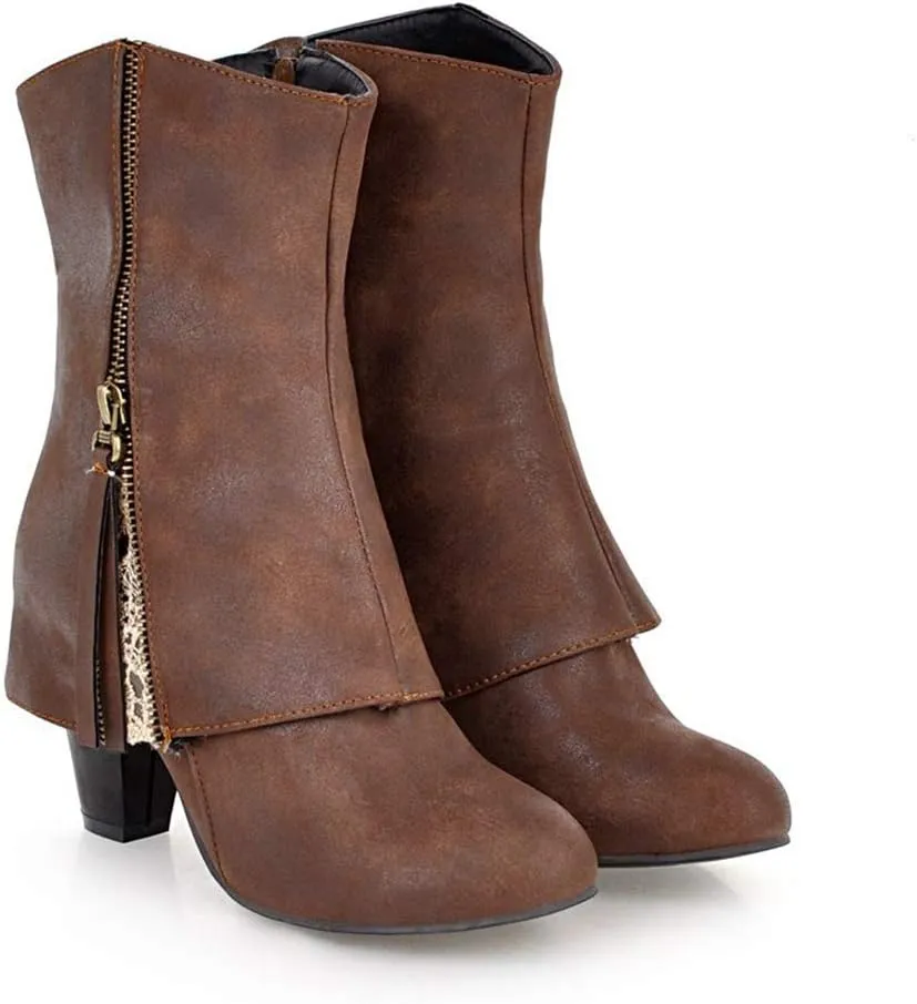 MIOKE Women's Fashion Dressy Ankle Boots Round Toe Side Zipper Chunky Block High Heel Western Short Booties