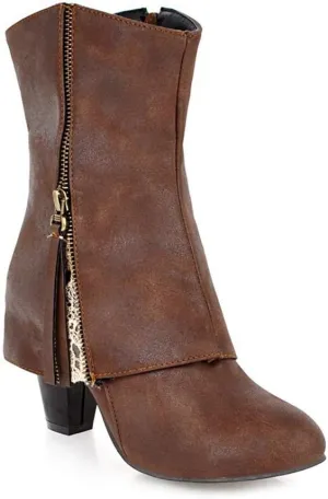 MIOKE Women's Fashion Dressy Ankle Boots Round Toe Side Zipper Chunky Block High Heel Western Short Booties