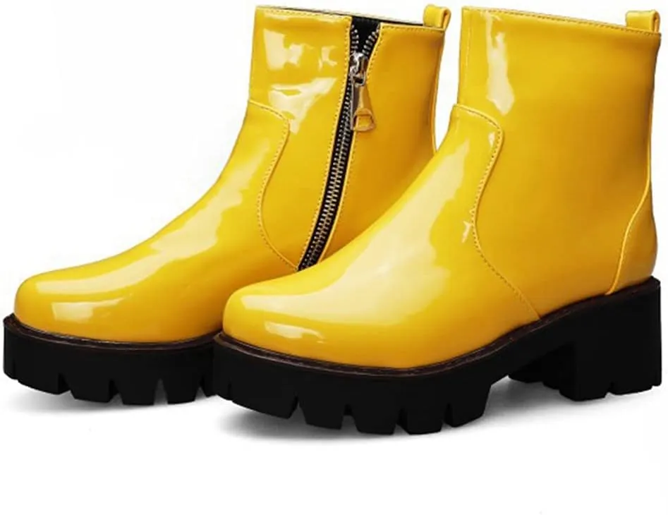 MIOKE Women's Fashion Platform Dressy Ankle Boots Patent Leather Round Toe Zip Chunky Mid Heel Short Booties