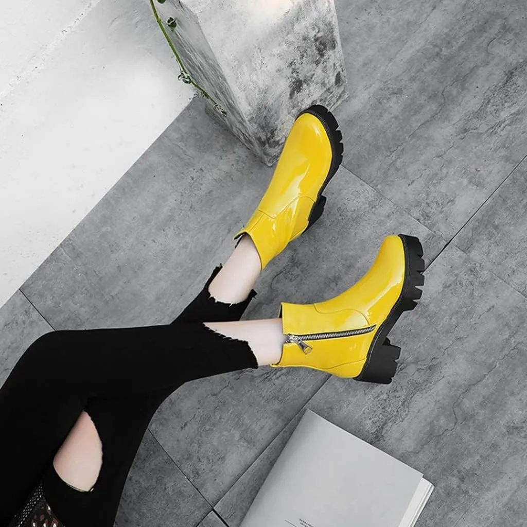 MIOKE Women's Fashion Platform Dressy Ankle Boots Patent Leather Round Toe Zip Chunky Mid Heel Short Booties