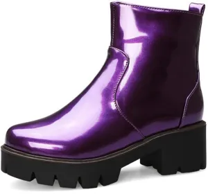 MIOKE Women's Fashion Platform Dressy Ankle Boots Patent Leather Round Toe Zip Chunky Mid Heel Short Booties