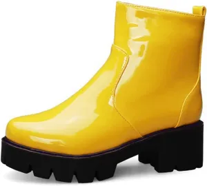 MIOKE Women's Fashion Platform Dressy Ankle Boots Patent Leather Round Toe Zip Chunky Mid Heel Short Booties
