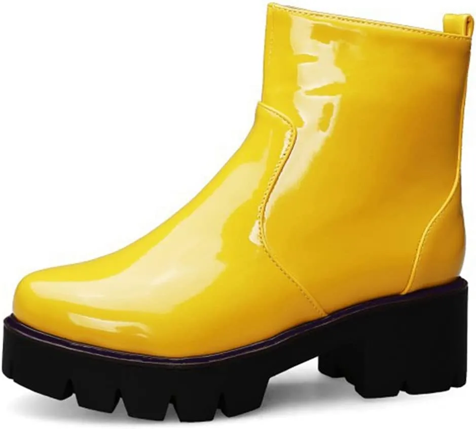 MIOKE Women's Fashion Platform Dressy Ankle Boots Patent Leather Round Toe Zip Chunky Mid Heel Short Booties