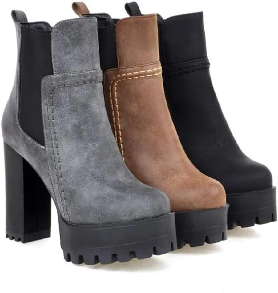 MIOKE Women's Platform High Heeled Ankle Booties Round Toe Chelsea Waterproof Elastic Dressy Short Boots