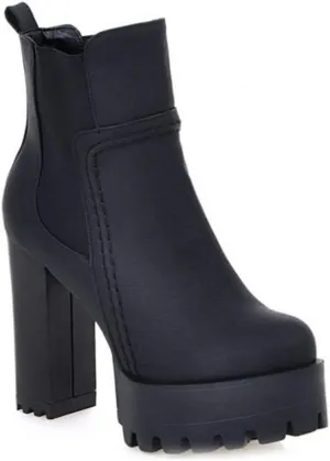 MIOKE Women's Platform High Heeled Ankle Booties Round Toe Chelsea Waterproof Elastic Dressy Short Boots