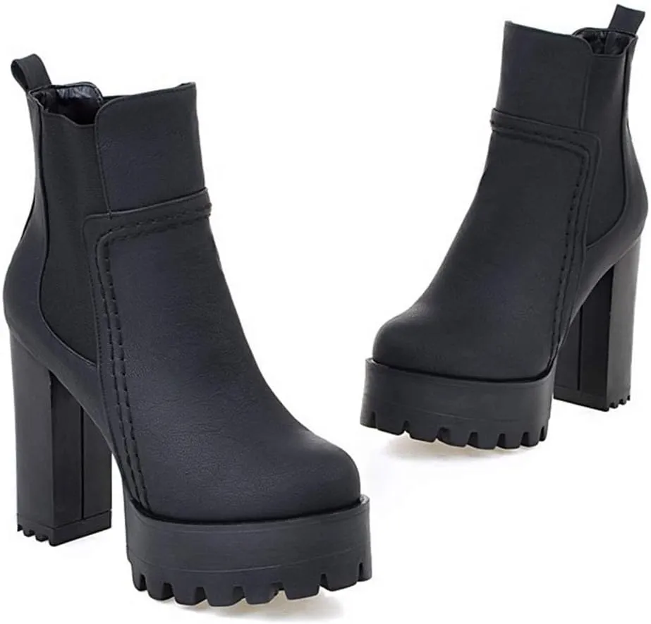 MIOKE Women's Platform High Heeled Ankle Booties Round Toe Chelsea Waterproof Elastic Dressy Short Boots