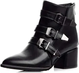 MIOKE Women's Pointed Toe Chelsea Ankle Boots Buckle Strappy Block Heel Zipper Bootie Western Short Boot