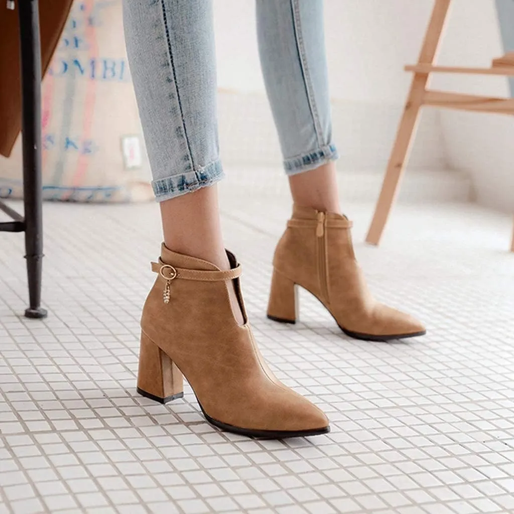 MIOKE Women's Pointed Toe Dressy Ankle Boots Trendy Zipper Chelsea Bootie Chunky Block High Heel Short Boot