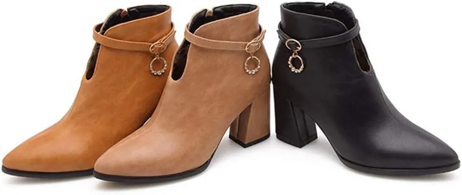 MIOKE Women's Pointed Toe Dressy Ankle Boots Trendy Zipper Chelsea Bootie Chunky Block High Heel Short Boot