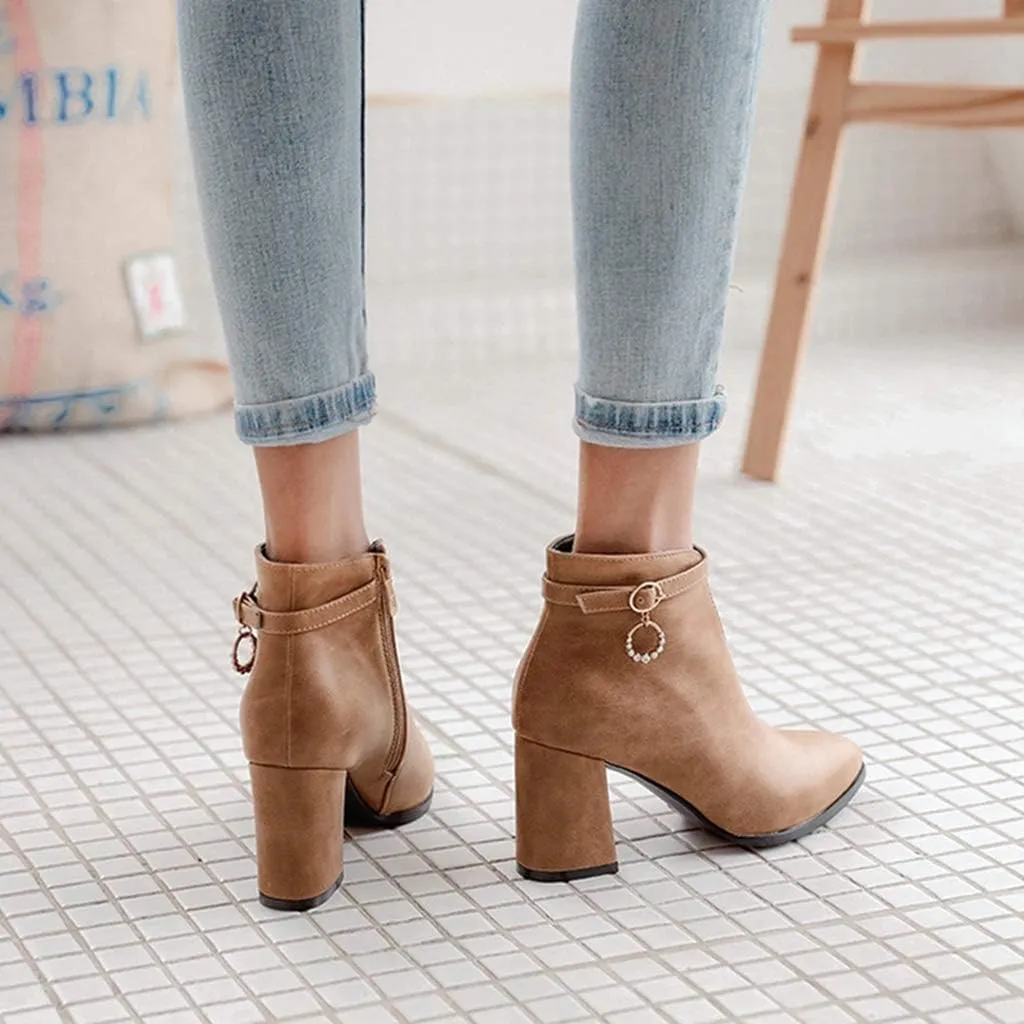 MIOKE Women's Pointed Toe Dressy Ankle Boots Trendy Zipper Chelsea Bootie Chunky Block High Heel Short Boot