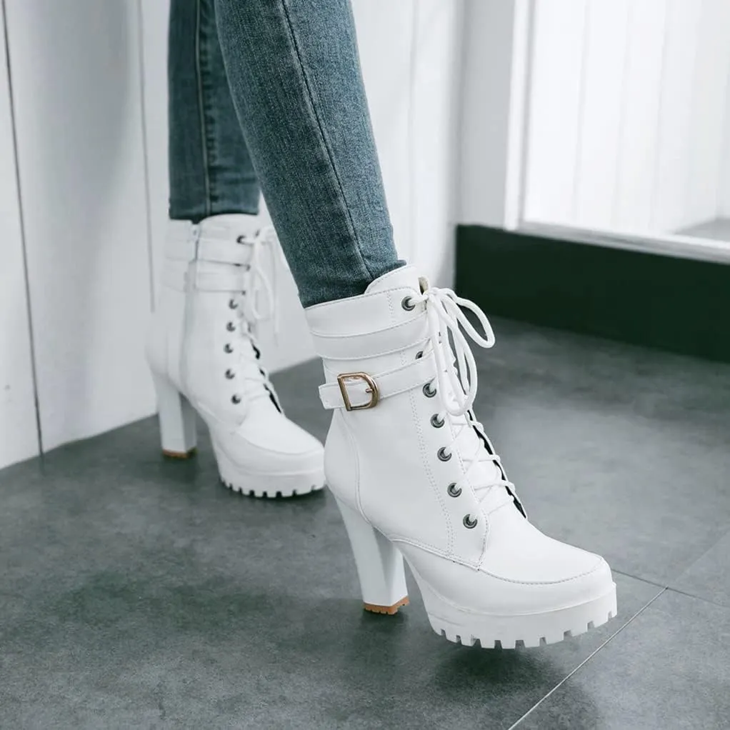 MIOKE Women's Round Toe Platform Dressy Ankle Boots Lace Up Zipper Chunky Block High Heel Dress Short Bootie