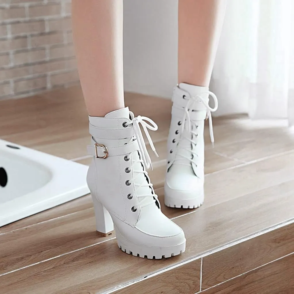 MIOKE Women's Round Toe Platform Dressy Ankle Boots Lace Up Zipper Chunky Block High Heel Dress Short Bootie