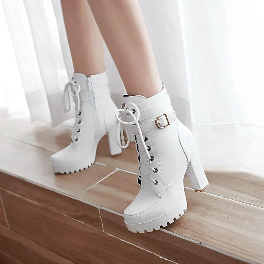 MIOKE Women's Round Toe Platform Dressy Ankle Boots Lace Up Zipper Chunky Block High Heel Dress Short Bootie