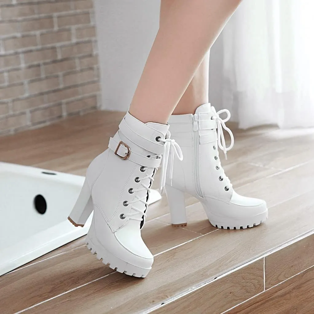 MIOKE Women's Round Toe Platform Dressy Ankle Boots Lace Up Zipper Chunky Block High Heel Dress Short Bootie