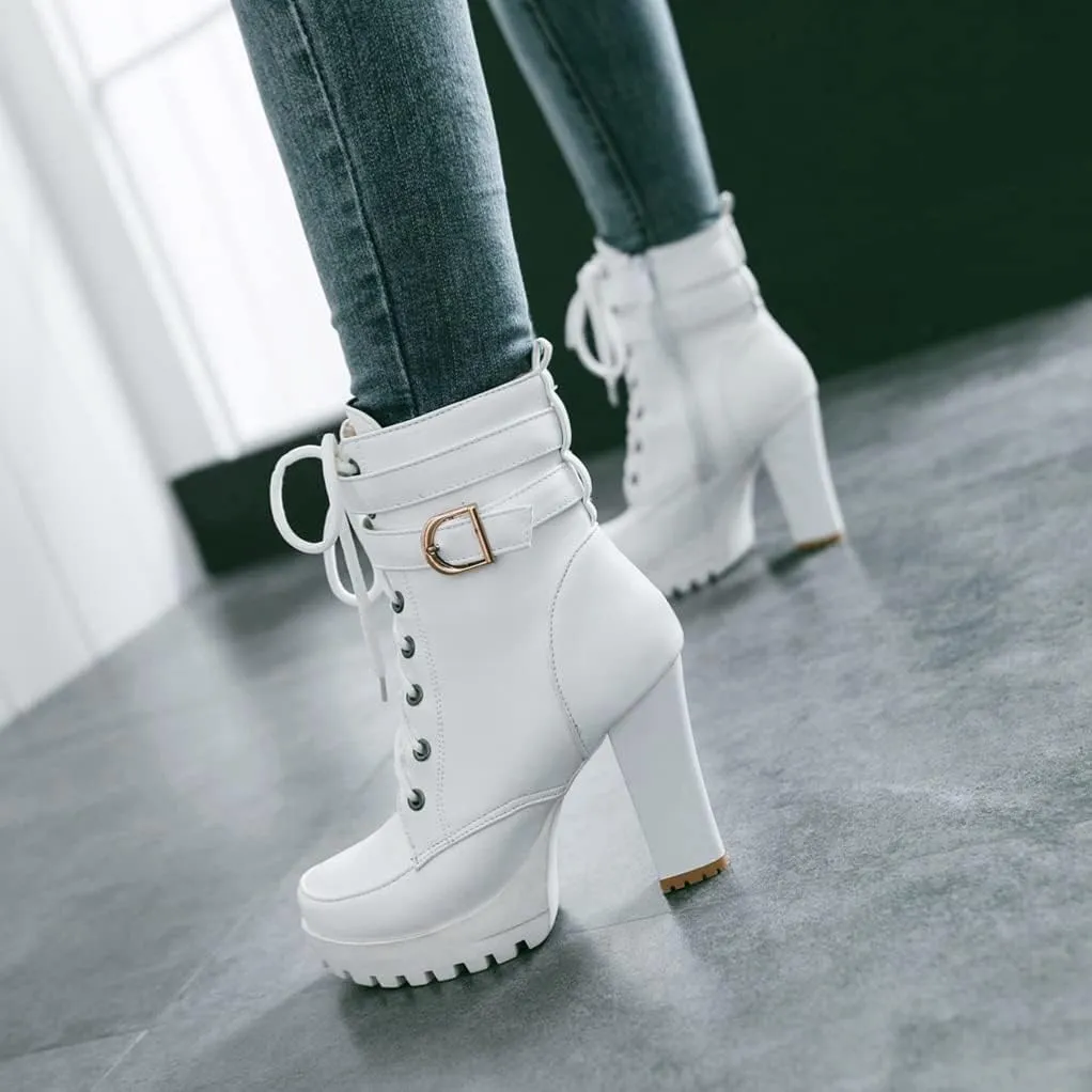 MIOKE Women's Round Toe Platform Dressy Ankle Boots Lace Up Zipper Chunky Block High Heel Dress Short Bootie