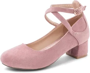 MIOKE Women's Square Toe Buckle Pump Loafer Slip-On Suede Chunky Block Mid Heel Casual Office Dress Shoes