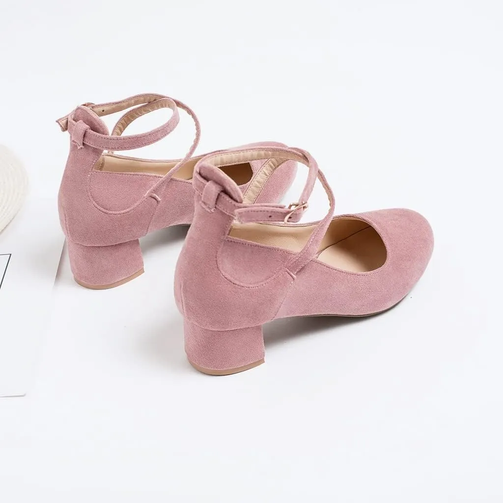 MIOKE Women's Square Toe Buckle Pump Loafer Slip-On Suede Chunky Block Mid Heel Casual Office Dress Shoes