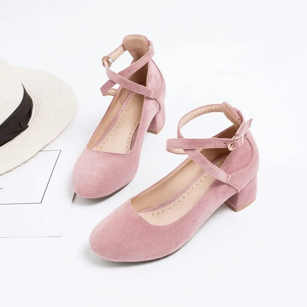 MIOKE Women's Square Toe Buckle Pump Loafer Slip-On Suede Chunky Block Mid Heel Casual Office Dress Shoes
