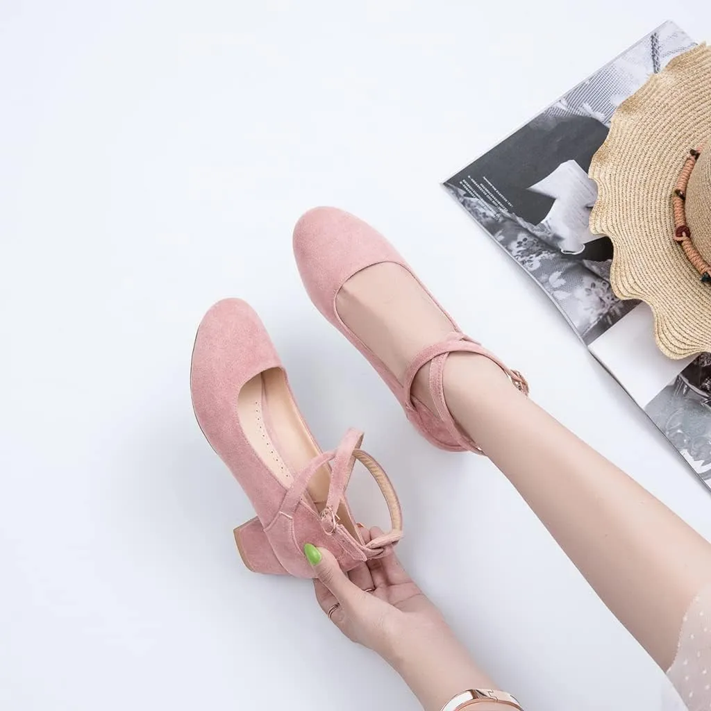 MIOKE Women's Square Toe Buckle Pump Loafer Slip-On Suede Chunky Block Mid Heel Casual Office Dress Shoes