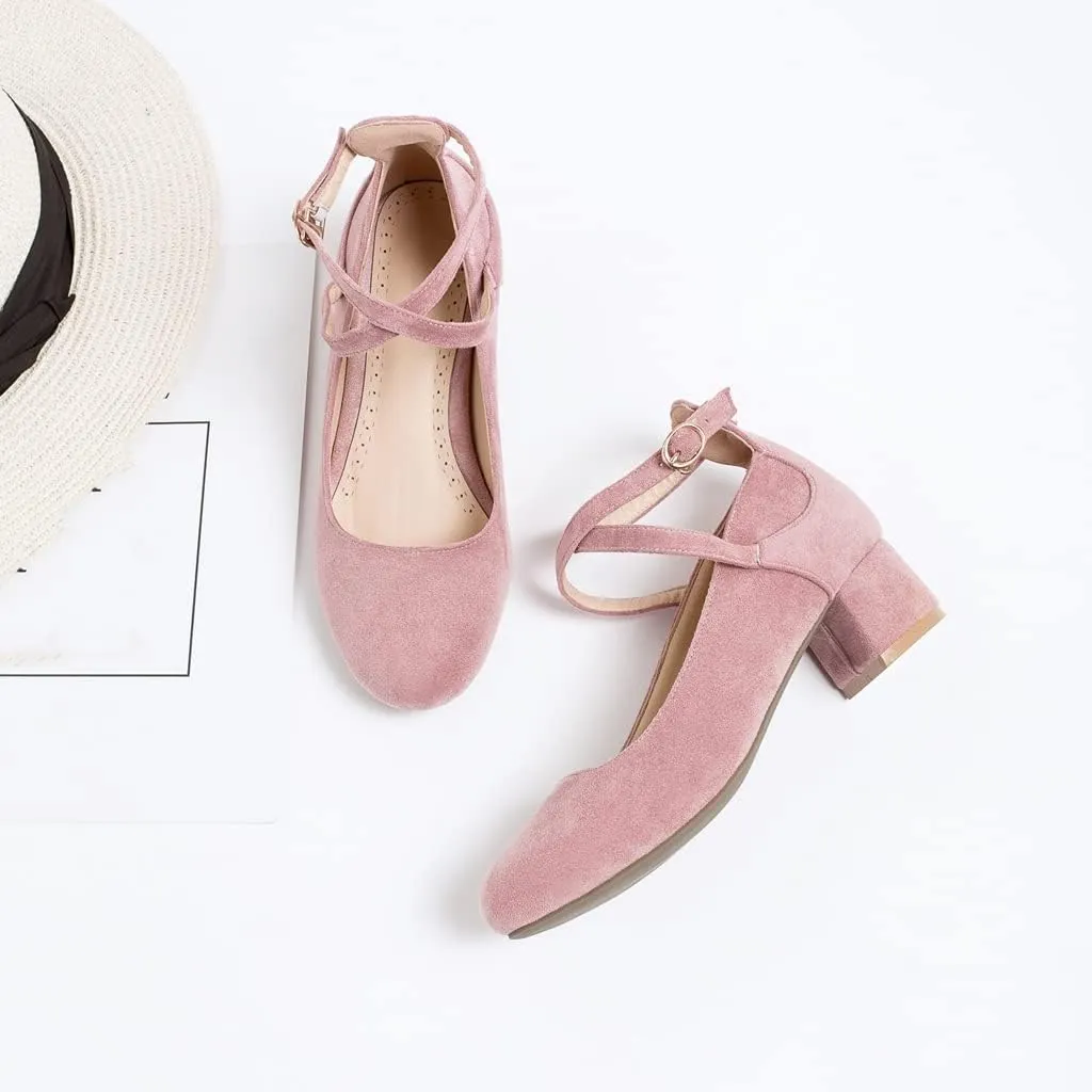 MIOKE Women's Square Toe Buckle Pump Loafer Slip-On Suede Chunky Block Mid Heel Casual Office Dress Shoes
