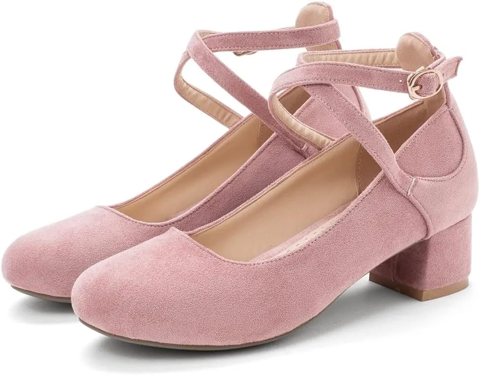 MIOKE Women's Square Toe Buckle Pump Loafer Slip-On Suede Chunky Block Mid Heel Casual Office Dress Shoes