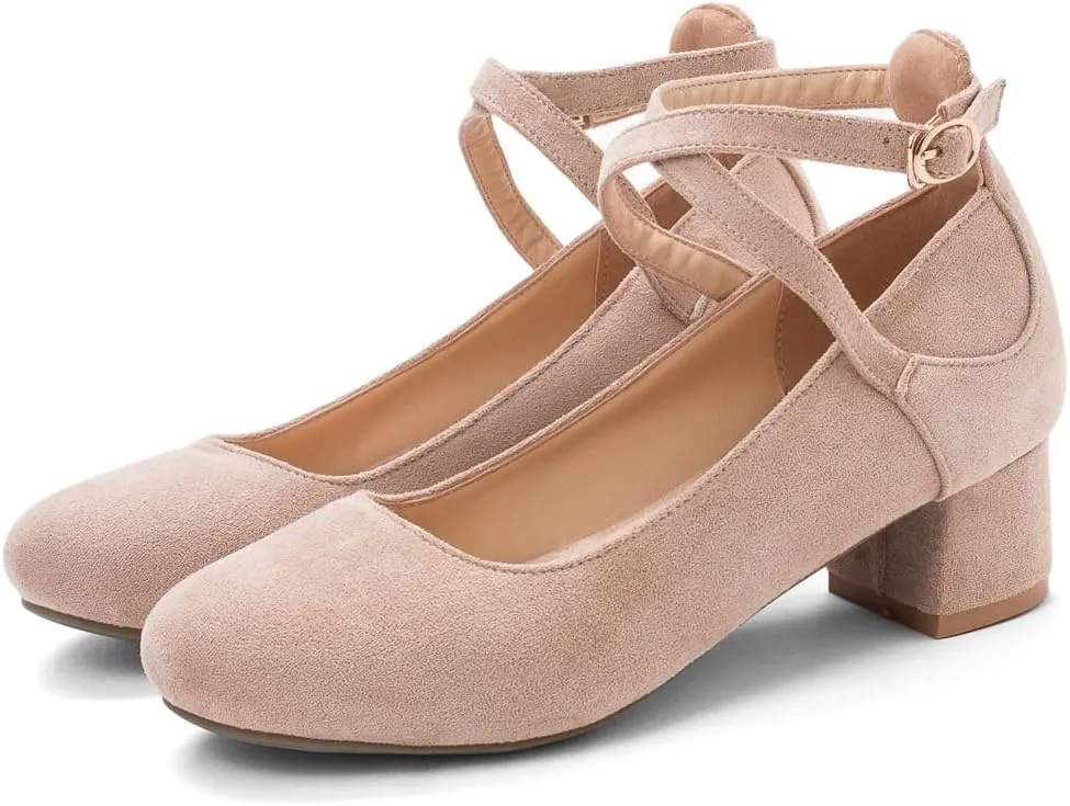 MIOKE Women's Square Toe Buckle Pump Loafer Slip-On Suede Chunky Block Mid Heel Casual Office Dress Shoes