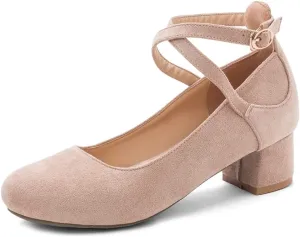 MIOKE Women's Square Toe Buckle Pump Loafer Slip-On Suede Chunky Block Mid Heel Casual Office Dress Shoes