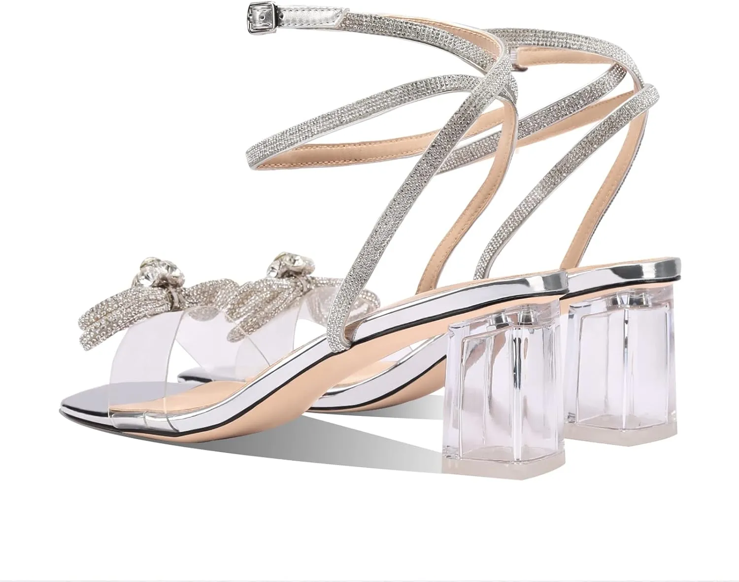 MIRAAZZURRA Women Heeled Sandals Rhinestone Ankle Strap Clear Chunky High Heels Bowknot Strappy Backless Open Toe Slip On Wedding Shoes for Women
