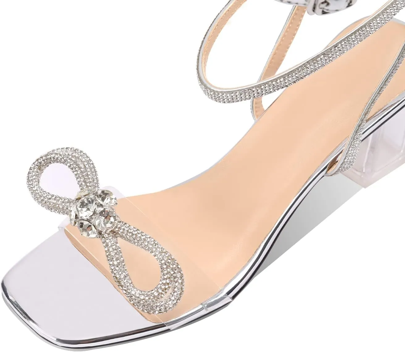 MIRAAZZURRA Women Heeled Sandals Rhinestone Ankle Strap Clear Chunky High Heels Bowknot Strappy Backless Open Toe Slip On Wedding Shoes for Women