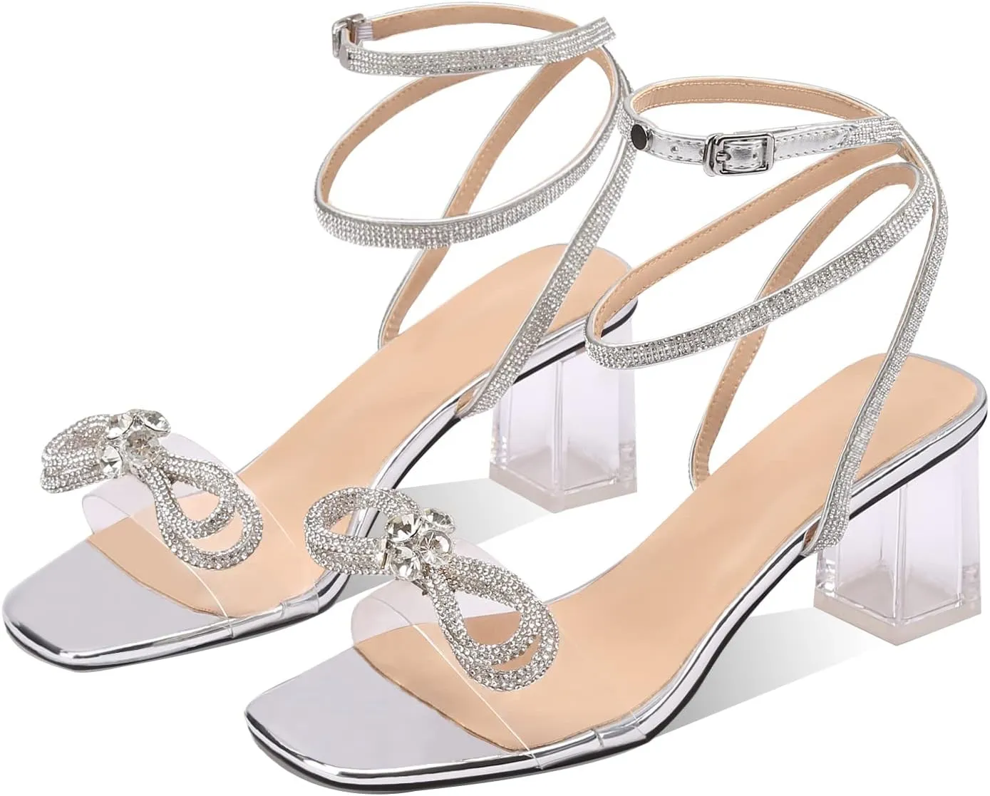 MIRAAZZURRA Women Heeled Sandals Rhinestone Ankle Strap Clear Chunky High Heels Bowknot Strappy Backless Open Toe Slip On Wedding Shoes for Women