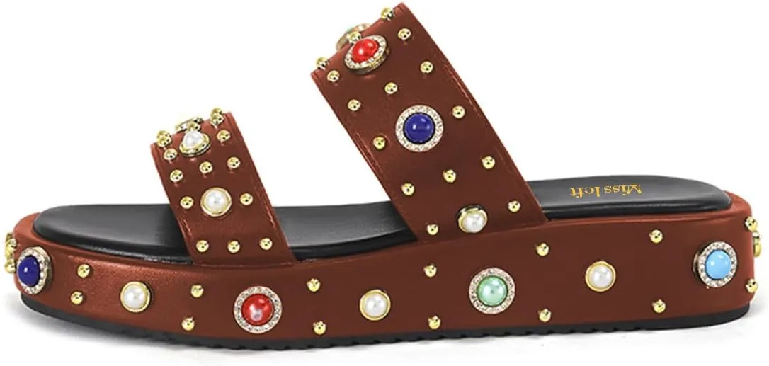 miss left Women Charming Open Toe Jewelled Slide Sandals Platform Comfy Insole Slip on Mules Lightweight Summer Leisure Daily Slippers Size 4-16 US