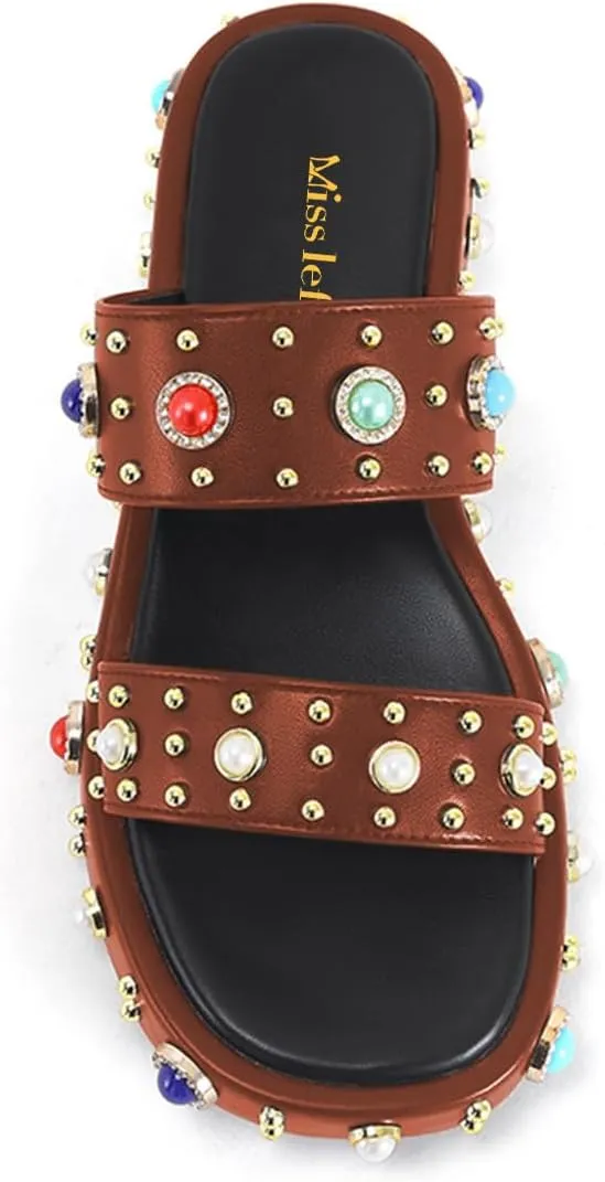 miss left Women Charming Open Toe Jewelled Slide Sandals Platform Comfy Insole Slip on Mules Lightweight Summer Leisure Daily Slippers Size 4-16 US