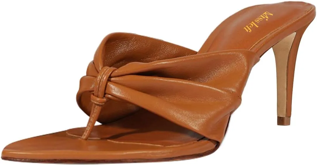 miss left Women Chic Open Pointed Toe Thong Slide Sandals Thin Mid Heel Slip on Flip Flops Fashion Summer Dressy Mules Size 4-16 US