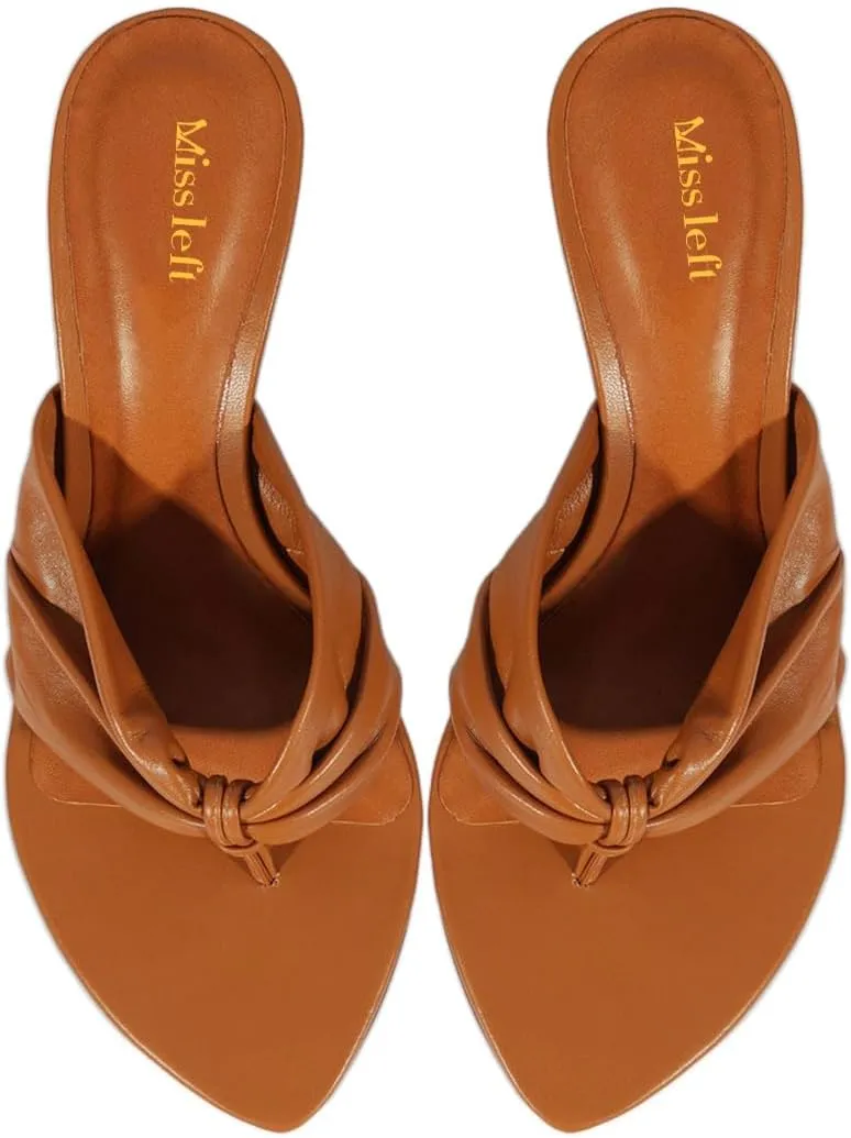 miss left Women Chic Open Pointed Toe Thong Slide Sandals Thin Mid Heel Slip on Flip Flops Fashion Summer Dressy Mules Size 4-16 US