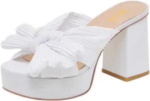 miss left Women Chic Pleated Bow Knot Slip on Platform Mules Chunky High Heel Open Toe Summer Casual Party Slide Sandals Size 4-16 US