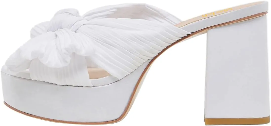 miss left Women Chic Pleated Bow Knot Slip on Platform Mules Chunky High Heel Open Toe Summer Casual Party Slide Sandals Size 4-16 US