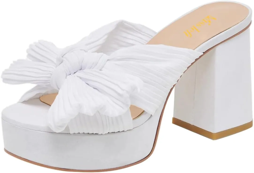 miss left Women Chic Pleated Bow Knot Slip on Platform Mules Chunky High Heel Open Toe Summer Casual Party Slide Sandals Size 4-16 US