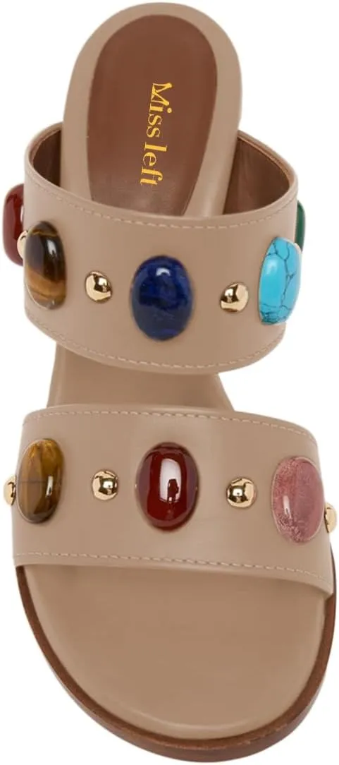miss left Women Jewelled Two Wide Straps Open Toe Mules Stacked Chunky High Heel Slip on Summer Party Club Slide Sandals Size 4-16 US