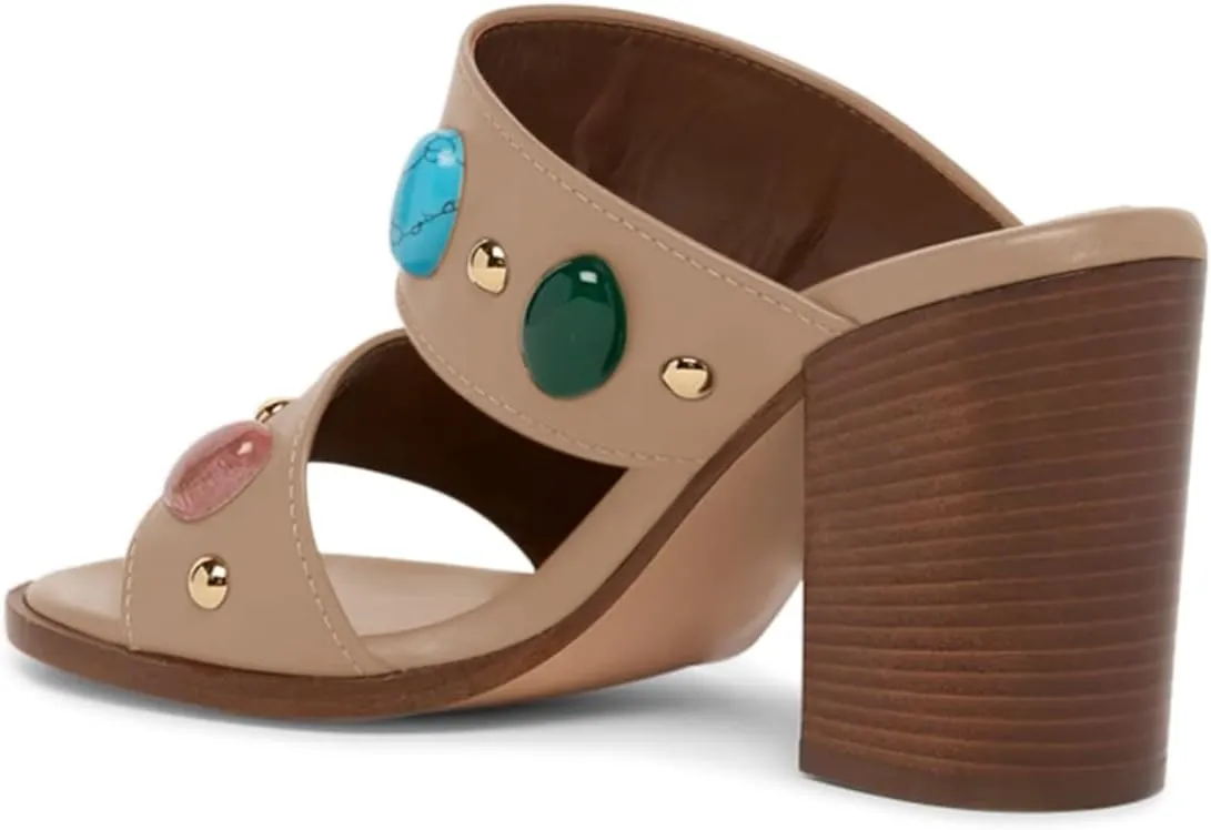miss left Women Jewelled Two Wide Straps Open Toe Mules Stacked Chunky High Heel Slip on Summer Party Club Slide Sandals Size 4-16 US