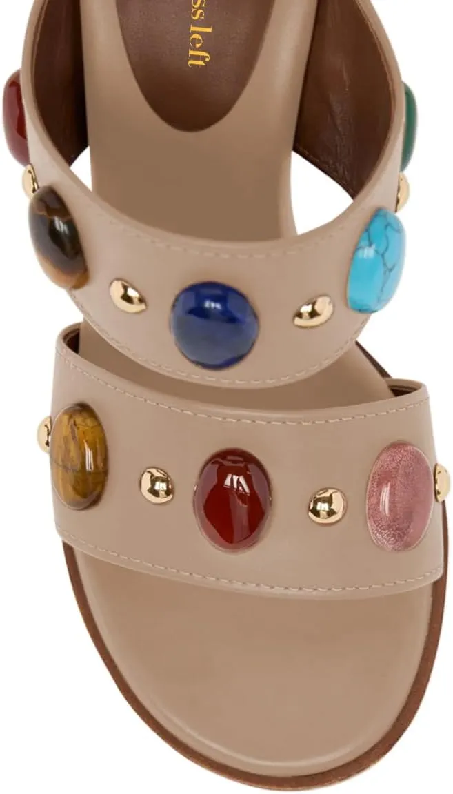 miss left Women Jewelled Two Wide Straps Open Toe Mules Stacked Chunky High Heel Slip on Summer Party Club Slide Sandals Size 4-16 US