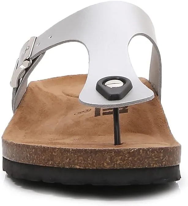 mm Women Soft Cork Footbed PU Leather Hook and Loop T Strap Flip Flops