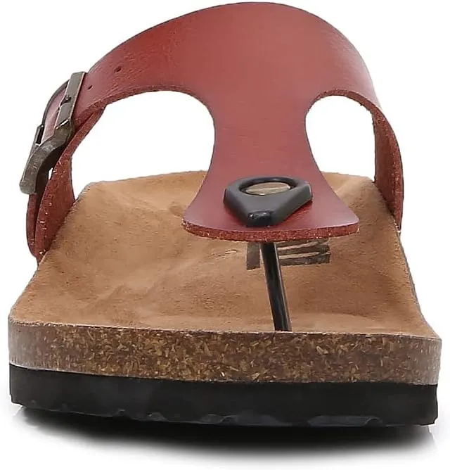 mm Women Soft Cork Footbed PU Leather Hook and Loop T Strap Flip Flops
