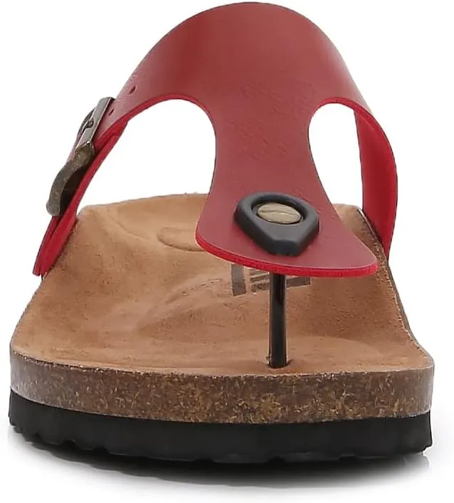 mm Women Soft Cork Footbed PU Leather Hook and Loop T Strap Flip Flops