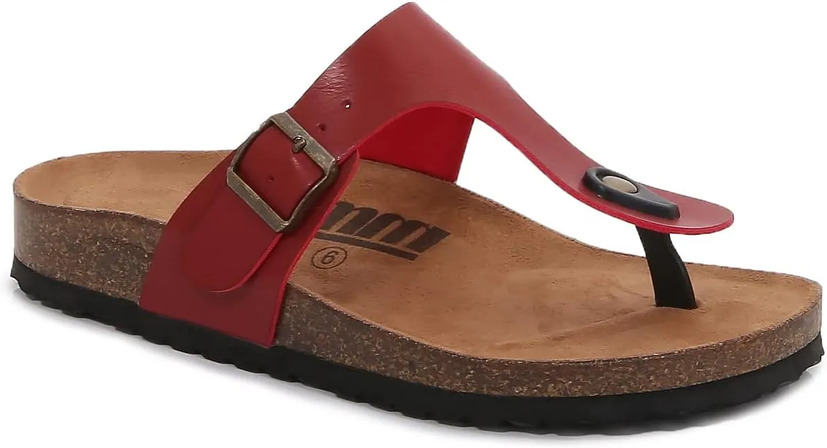 mm Women Soft Cork Footbed PU Leather Hook and Loop T Strap Flip Flops